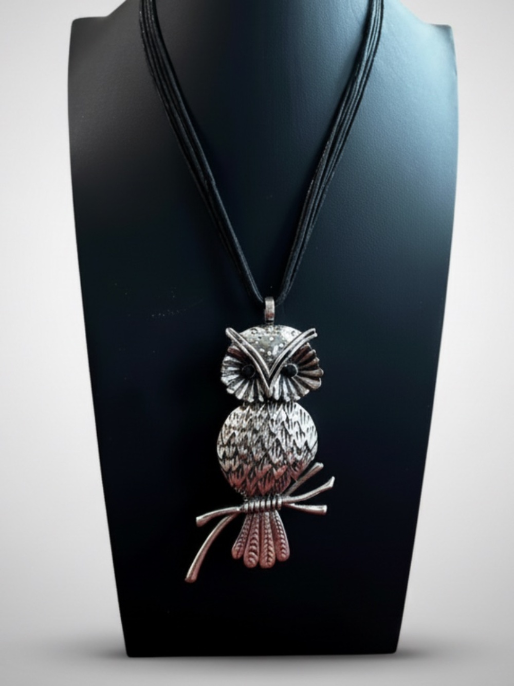 Womens Black Long Cord Owl Pendant Necklace